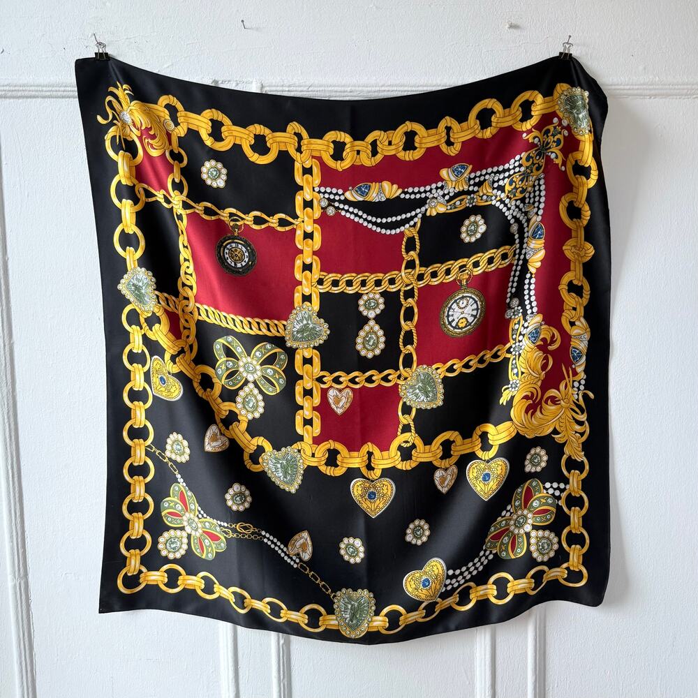 80s Trompe L’oeil Jewelry Statement Scarf Large Square Vintage Gold Chain Print
